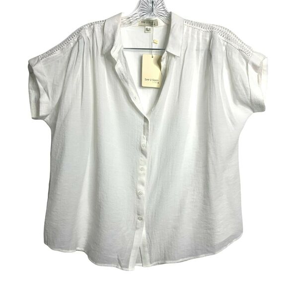 See U Soon Off White Gauze Embroidered Shoulder Loose Button Up Blouse Small New - Picture 6 of 6